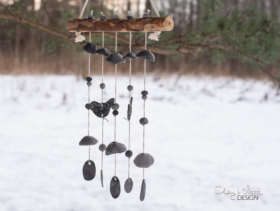 Melnās keramikas vēja zvani 2 putniņi