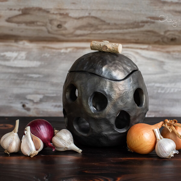 Handmade Black Ceramic Onion Garlic Keeper