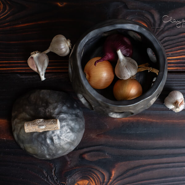 Handmade Black Ceramic Onion Garlic Keeper