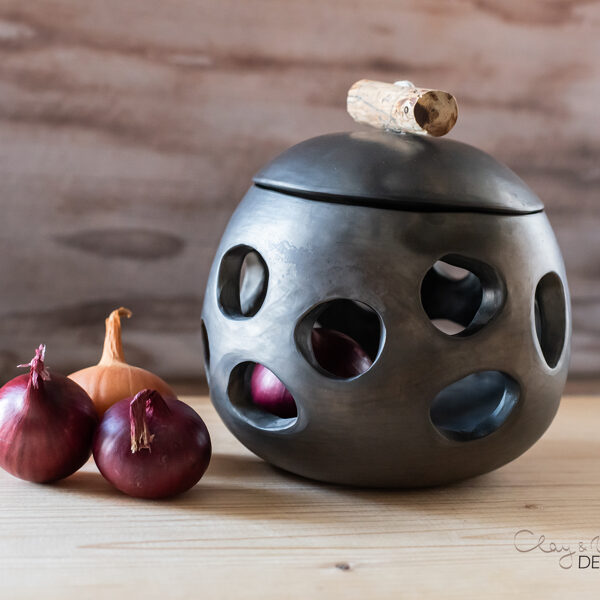 Handmade Ceramic Onion & Garlic Cellar: Unglazed Black Pottery Jar