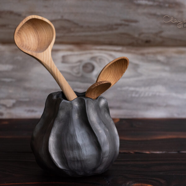 Handmade Kitchen Utensil Holder. Black Pottery Countertop Decor.