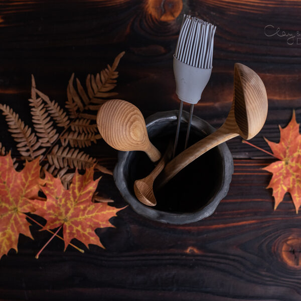 Handmade Kitchen Utensil Holder. Black Pottery Countertop Decor.