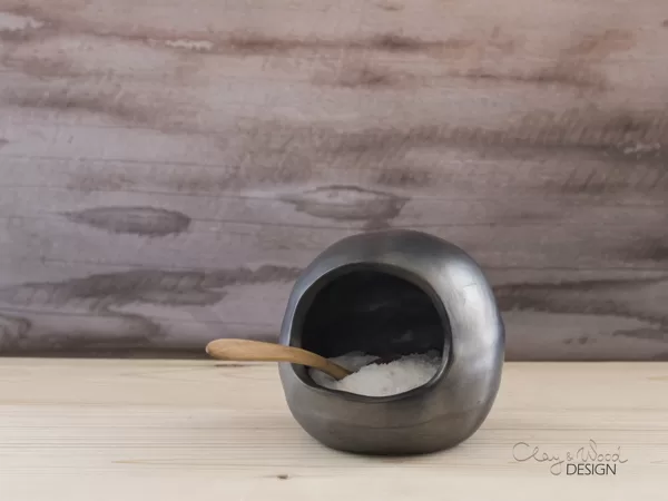 Black ceramic salt cellar. Modern salt pig. Minimalist.