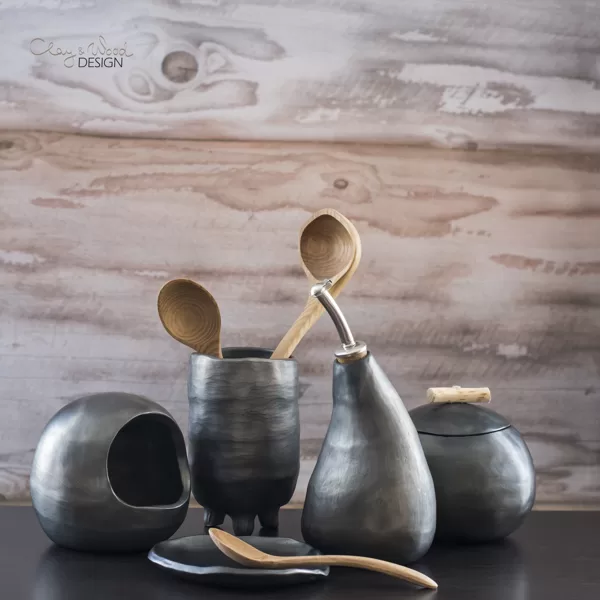 Handmade black ceramic for kitchen - modern minimalist. Salt cellar. Sugar pot. Spoon rest
