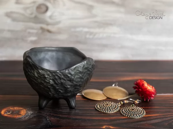 Handmade Black Ceramic Jewelry Dish: Nordic Minimalist Pottery Bowl