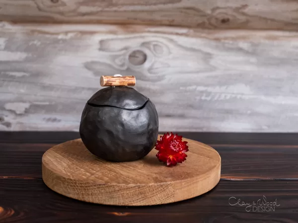 Mini Handmade Black Ceramic Pinch Pot with Lid