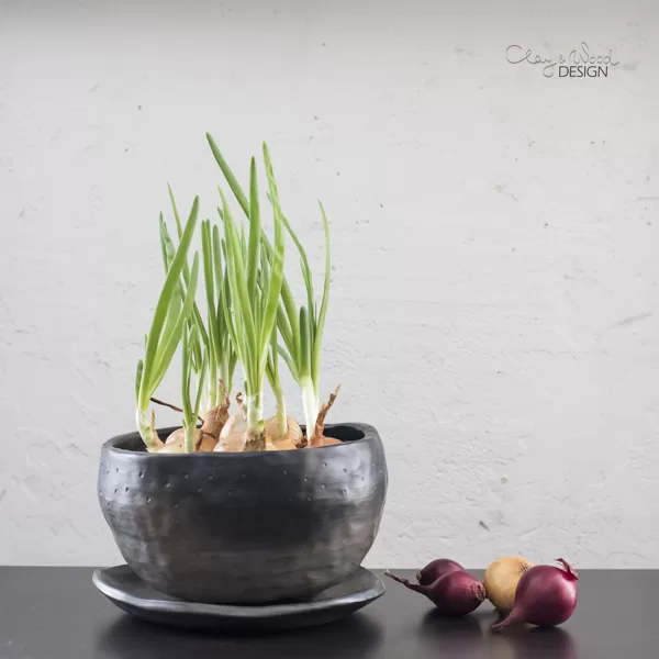 Black ceramic planter with drainage hole