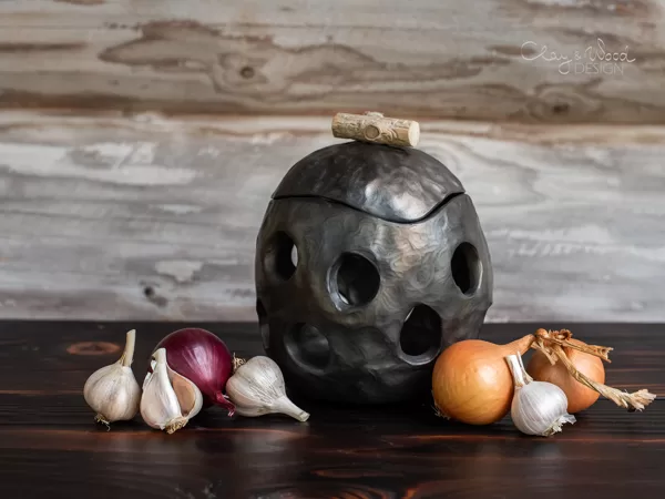 Handmade Black Ceramic Onion Garlic Keeper