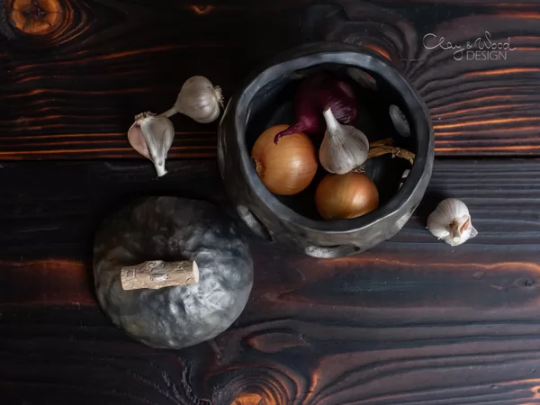 Handmade Black Ceramic Onion Garlic Keeper