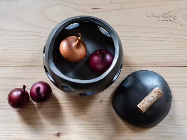 Handmade Ceramic Onion & Garlic Cellar Unglazed Black Pottery Jar