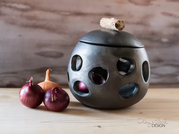 Handmade Ceramic Onion & Garlic Cellar: Unglazed Black Pottery Jar