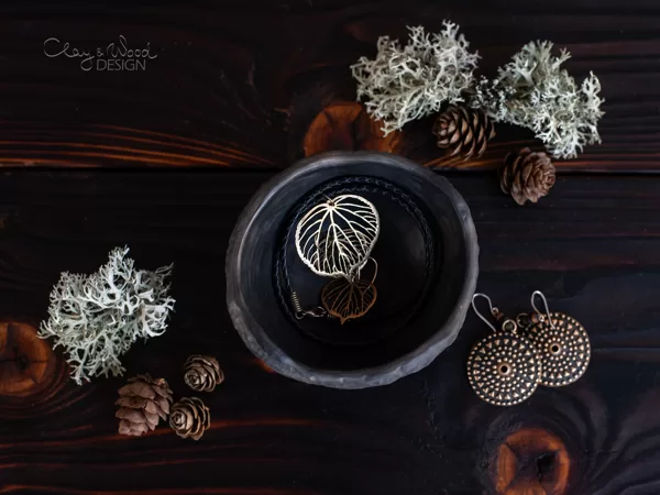 Handmade Black Ceramic Jewelry Dish Textured Nordic Minimalist