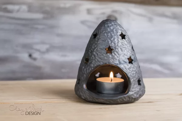 Cute handmade black ceramic tealight candle holder, lantern.