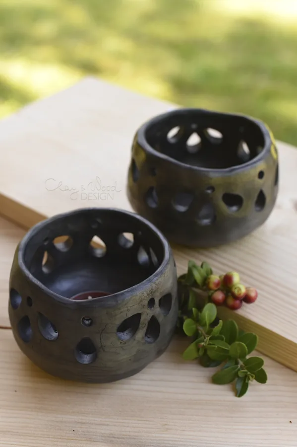 Handmade black pottery candle holder. Stylish. Elegant.