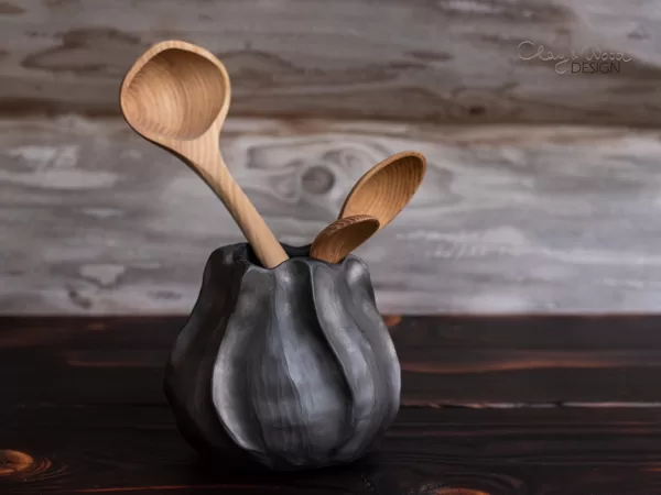 Handmade Kitchen Utensil Holder. Black Pottery Countertop Decor.
