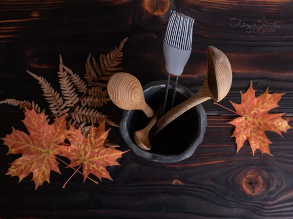 Handmade Kitchen Utensil Holder. Black Pottery Countertop Decor.